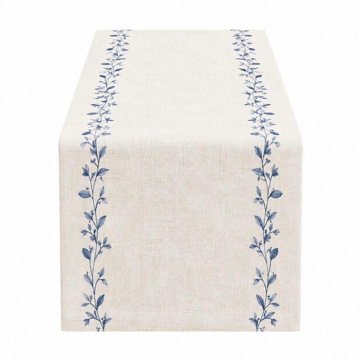 Chemin de table 180 x 33 cm en tissu écru bleu à motif végétal style champêtre
