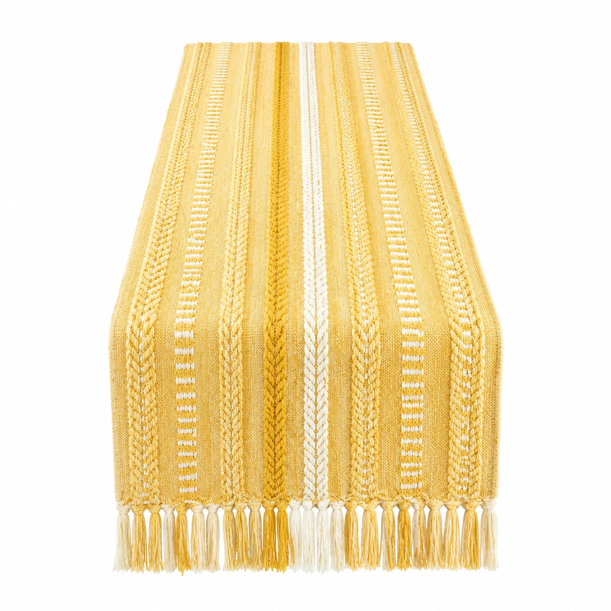 Chemin de table 180 x 35 cm textile tissé jaune et blanc à franges