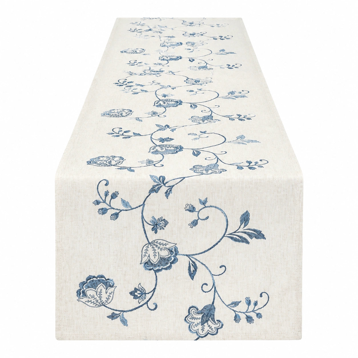 Chemin de table 180 x 40 cm en tissu beige à motif floral bleu style champêtre