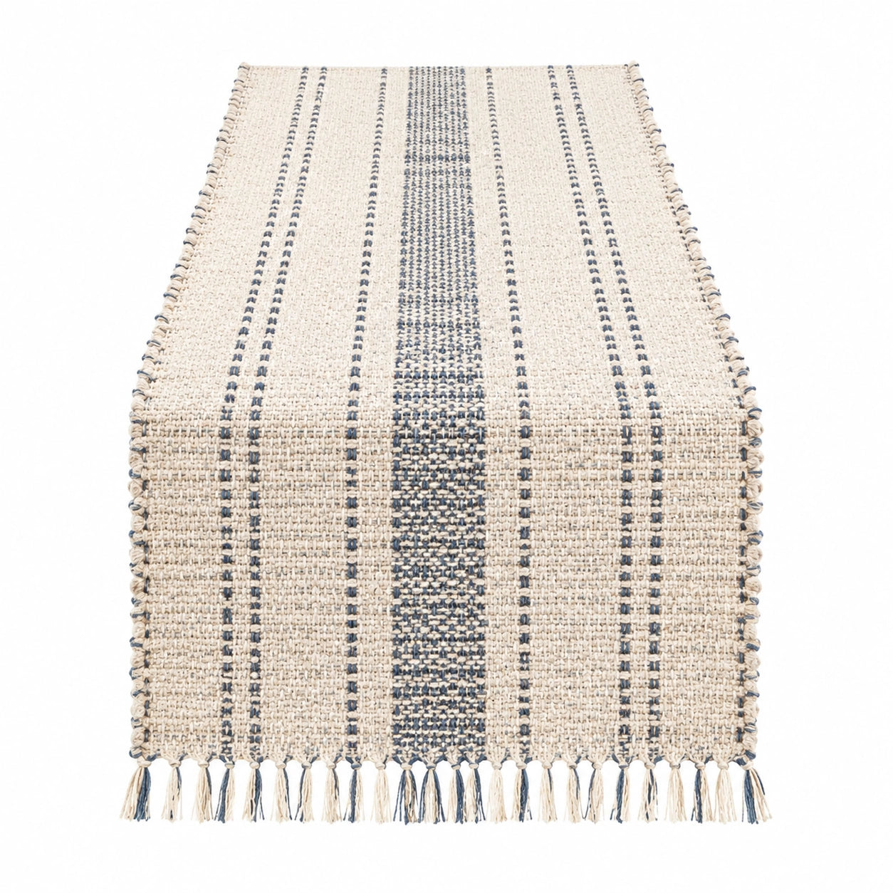 Chemin de table 180 x 35 cm en textile beige et bleu tissé à franges style bohème