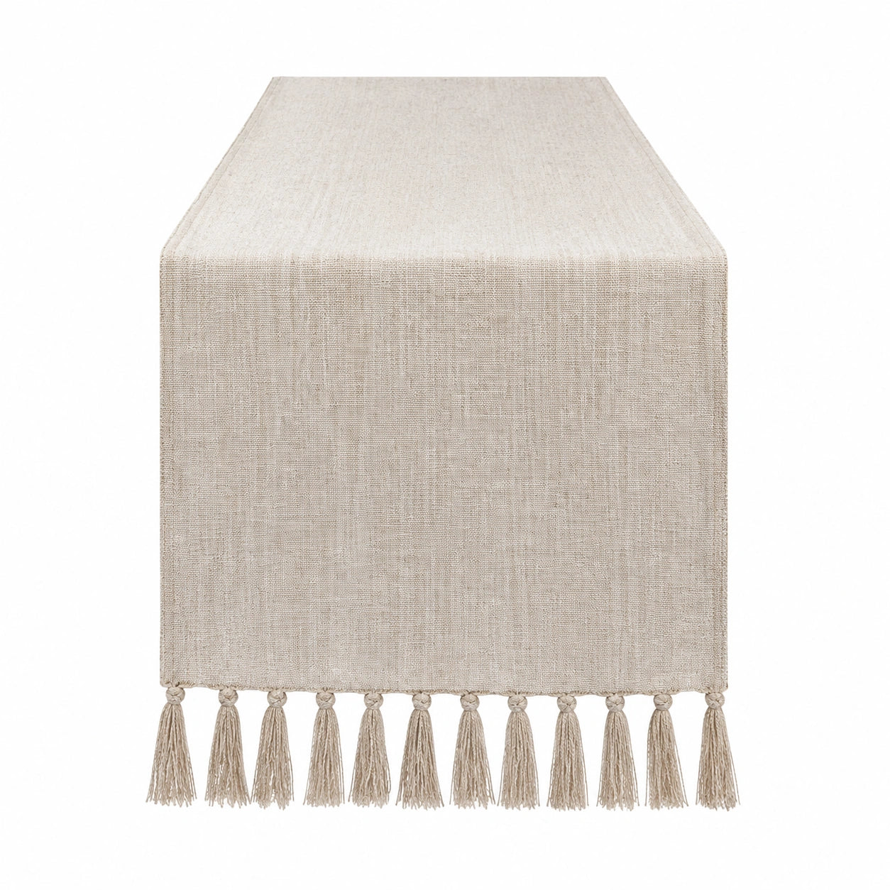 Chemin de table 180 x 40 cm en tissu beige avec pompons style bohème