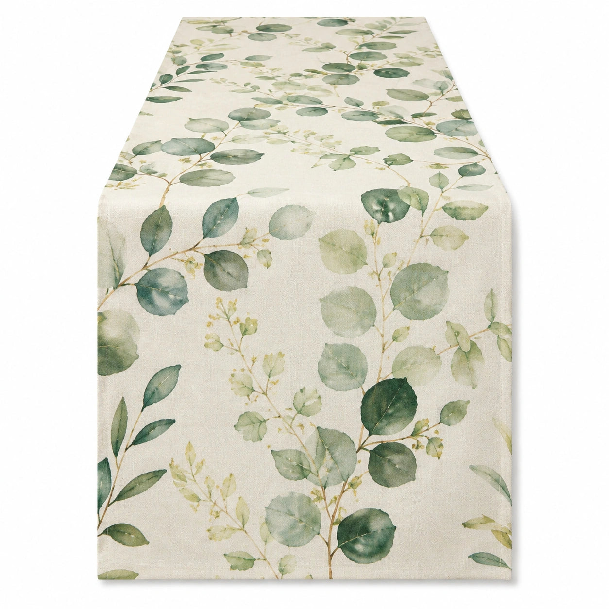 Chemin de table 180 x 40 cm en tissu beige et vert à motif feuillage décoratif