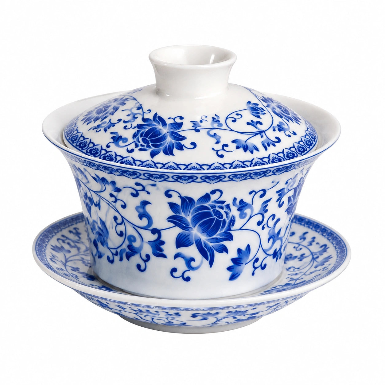 Gaiwan en porcelaine 150 ml blanc et bleu à motif floral pour thé