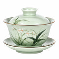 Service à thé gaiwan 12 cm en porcelaine vert céladon à motif floral avec couvercle et soucoupe