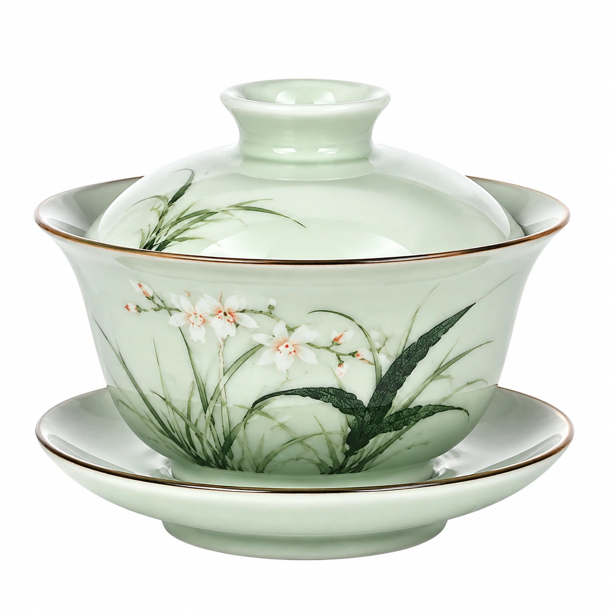 Service à thé gaiwan 12 cm en porcelaine vert céladon à motif floral avec couvercle et soucoupe