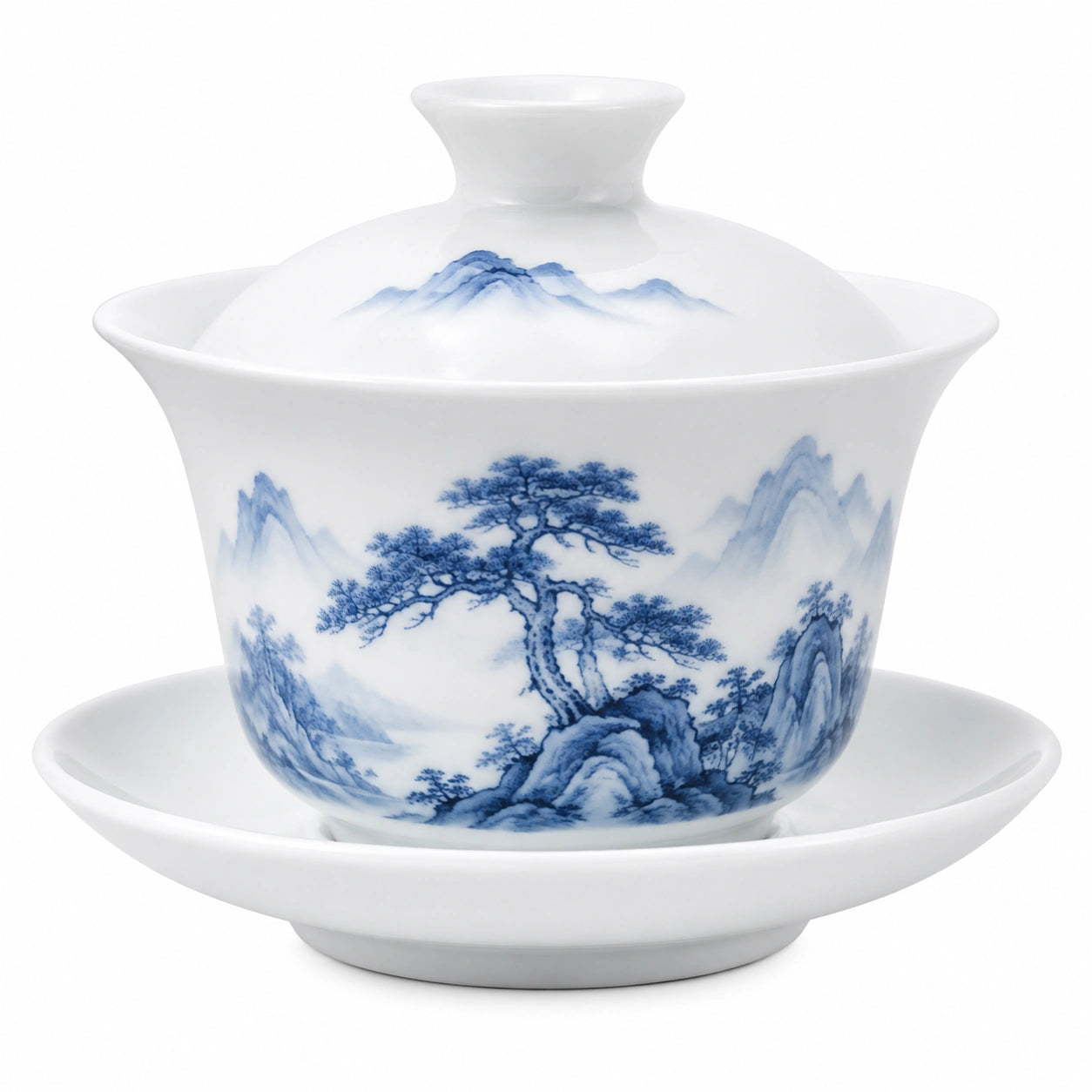 Gaiwan en porcelaine 150 ml blanc et bleu à motif paysage - tasse à thé avec couvercle
