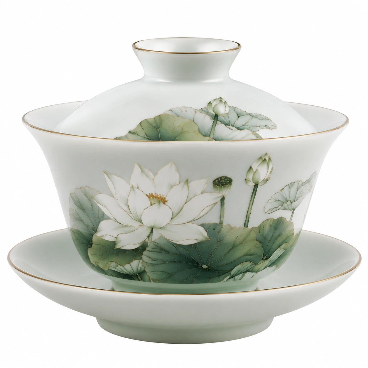 Gaiwan 150 ml en porcelaine vert pâle à décor de lotus doré avec couvercle