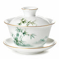 Gaiwan en porcelaine 180 ml blanc vert décor bambou avec soucoupe et couvercle