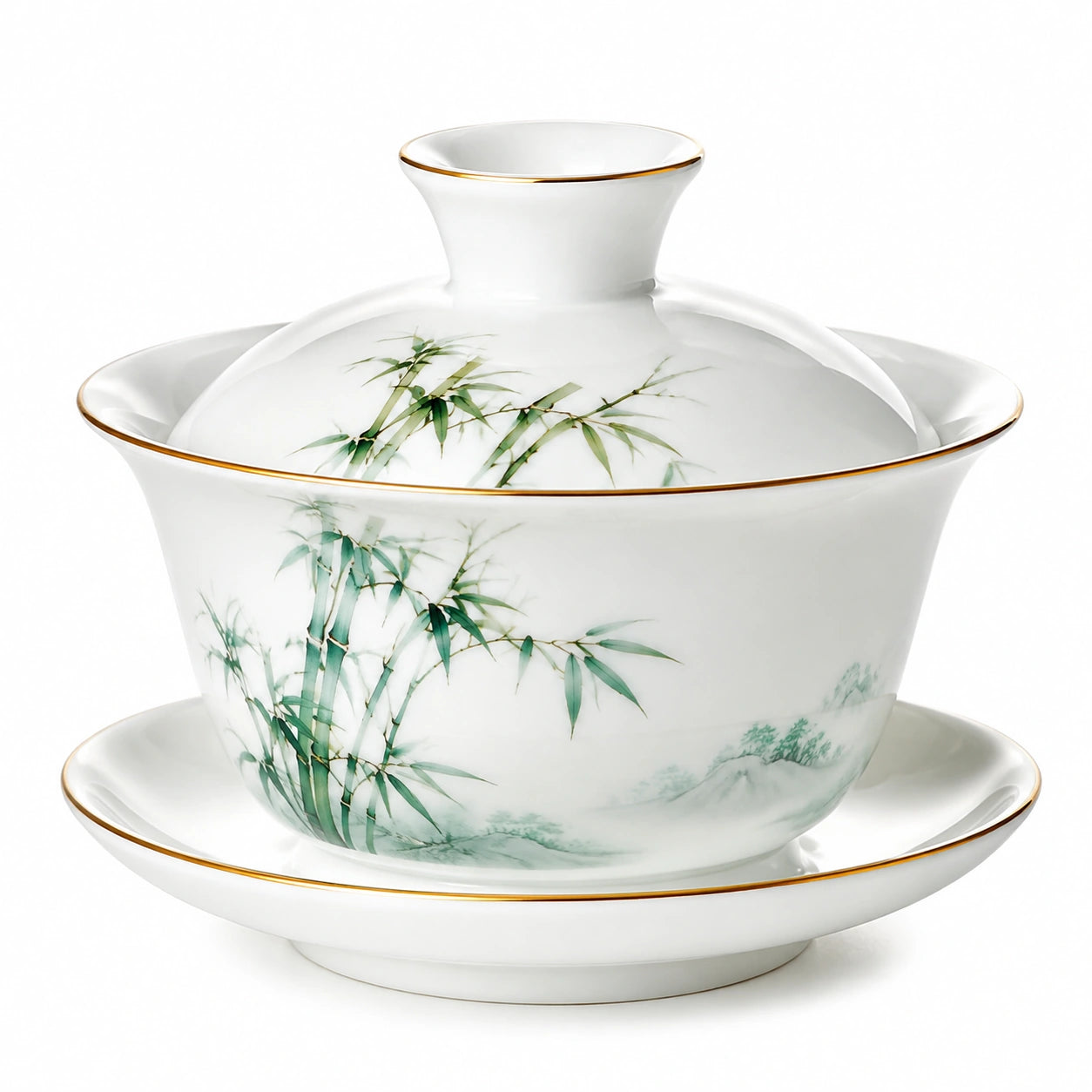 Gaiwan en porcelaine 180 ml blanc vert décor bambou avec soucoupe et couvercle