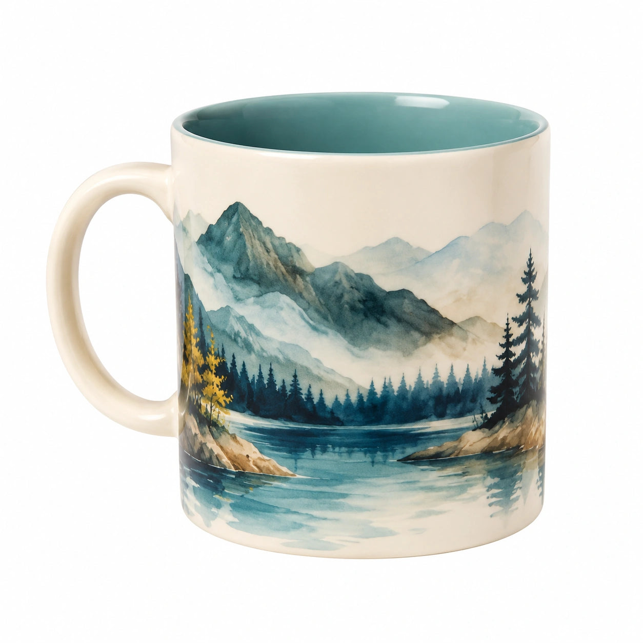 Mug 330 ml en céramique blanc et bleu pétrole - décor montagne style aquarelle pour boissons chaudes