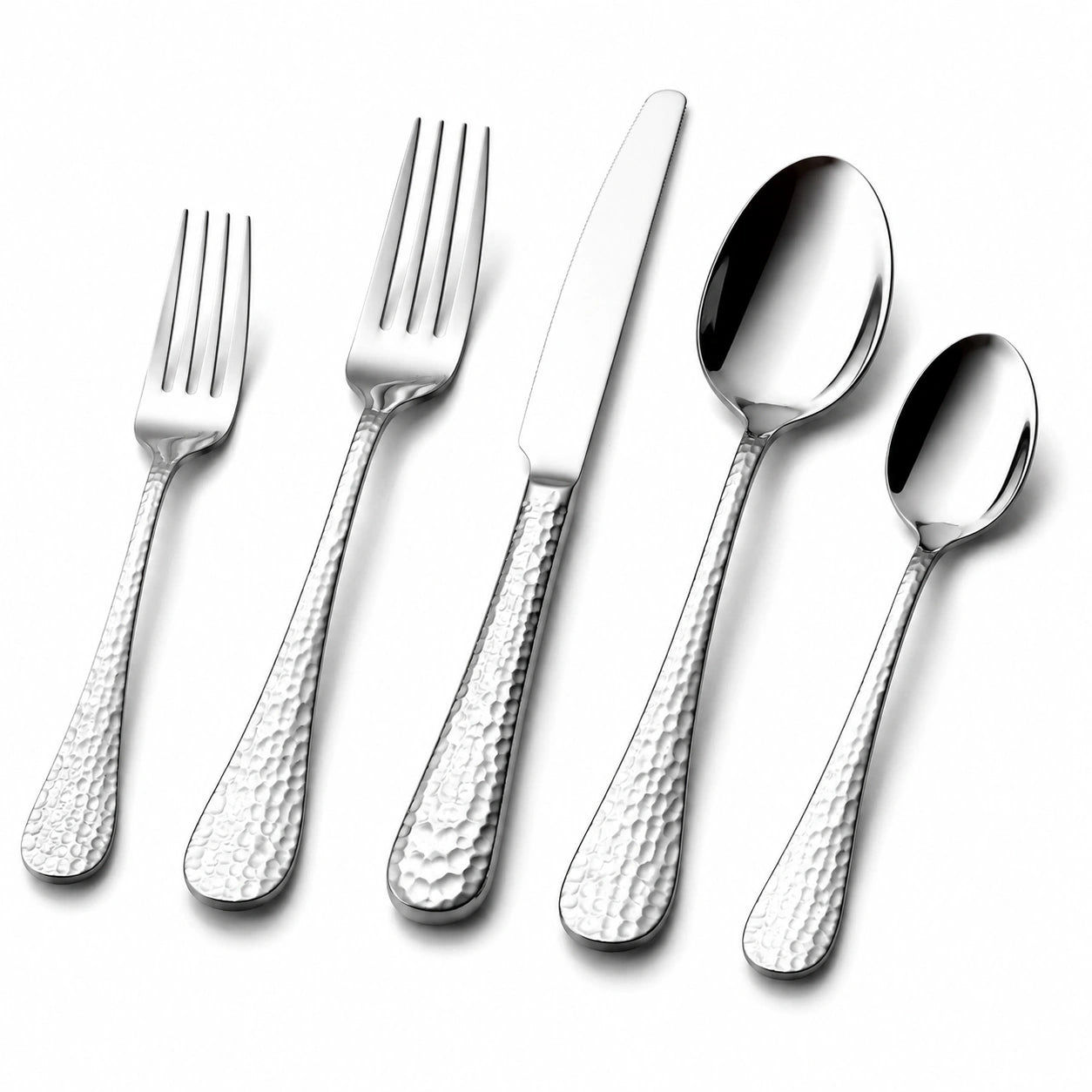 Ménagère 5 pièces de 14 à 23 cm en acier inoxydable argentée pour table finition martelée
