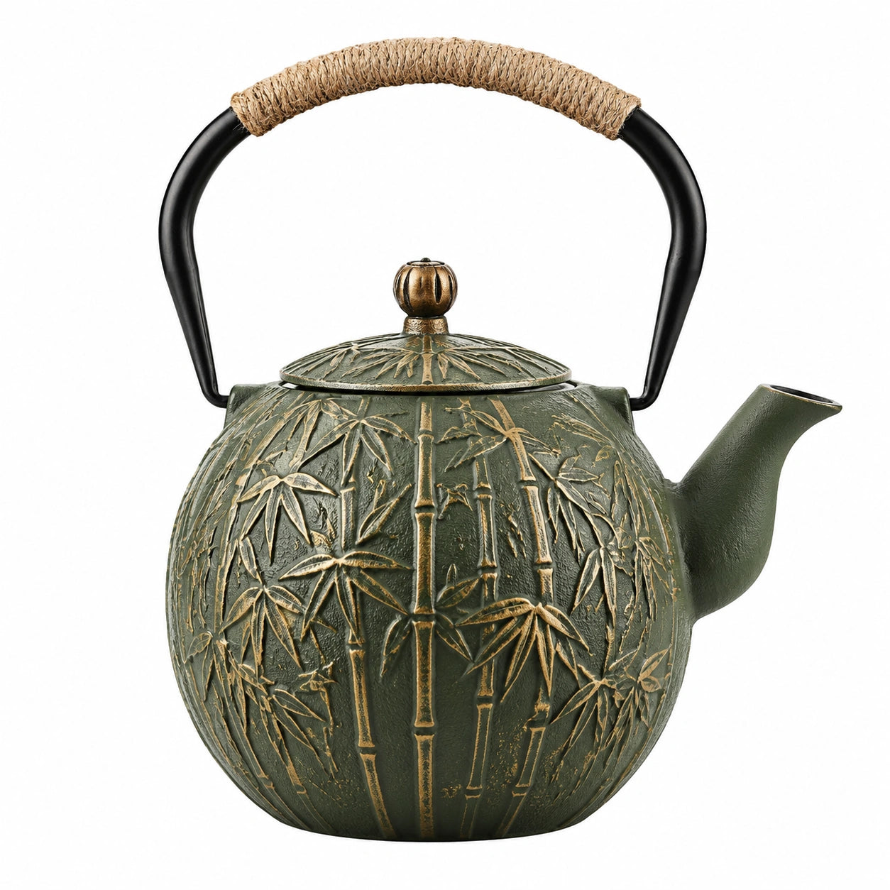 Théière 1.20 L en fonte vert foncé avec poignée en corde motif bambou